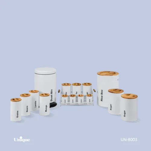 سرویس آشپزخانه یونیک 16 پارچه کد Un-8003 (مدل سنباده ای سفید - درب چوبی)