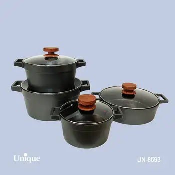 سرویس قابلمه 8 پارچه یونیک - مدل دیاموند - رنگ طوسی با دستگیره طرح چوب کد UN-8593