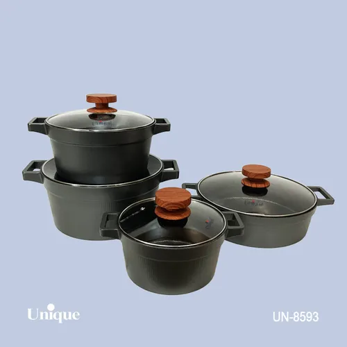 سرویس قابلمه 8 پارچه یونیک - مدل دیاموند - رنگ طوسی با دستگیره طرح چوب کد UN-8593