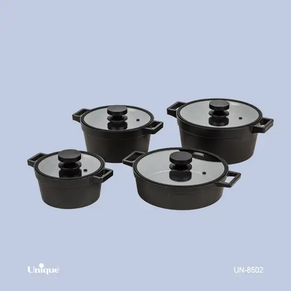 سرویس قابلمه 8 پارچه یونیک - مدل دیاموند نوار سیلیکونی - رنگ مشکی کد UN-8502