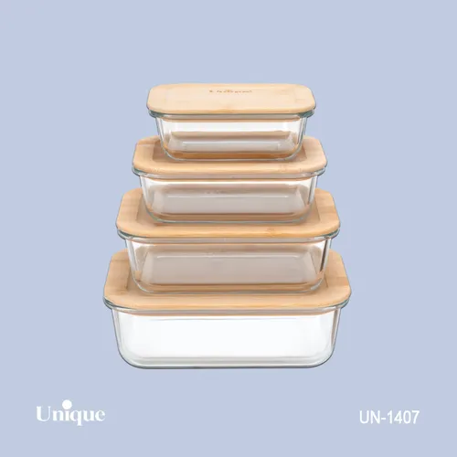 ظرف غذای 4 سایز پیرکس درب بامبو یونیک کد UN-1407 (خارجی با کیفیت عالی)