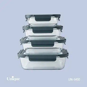 ظرف غذای 4 سایز مستطیلی یونیک کد UN-1400 ( جنس بدنه بلور+درب پلاستیکی قفل دار )(خارجی)