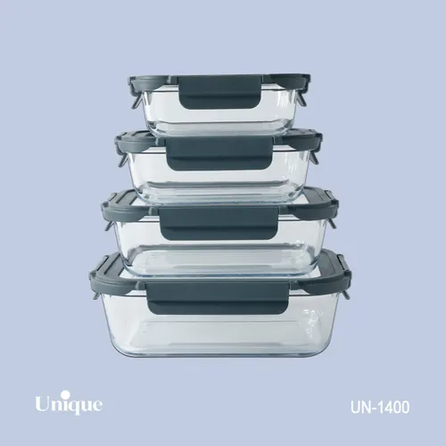 ظرف غذای 4 سایز مستطیلی یونیک کد UN-1400 ( جنس بدنه بلور+درب پلاستیکی قفل دار )(خارجی)