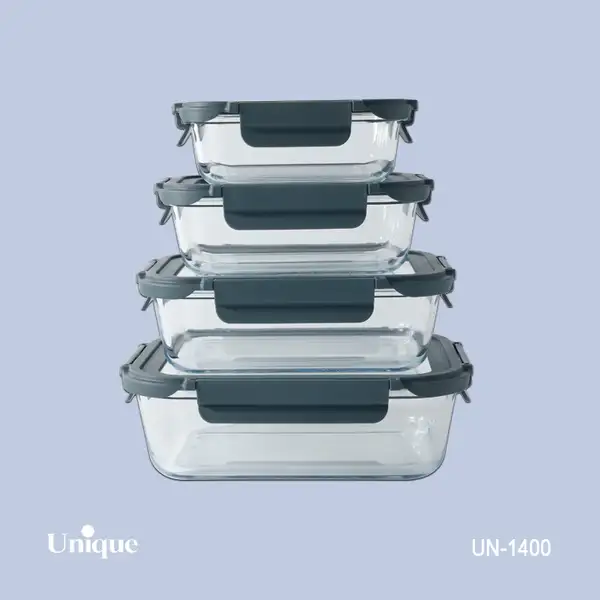 ظرف غذای 4 سایز مستطیلی یونیک کد UN-1400 ( جنس بدنه بلور+درب پلاستیکی قفل دار )(خارجی)