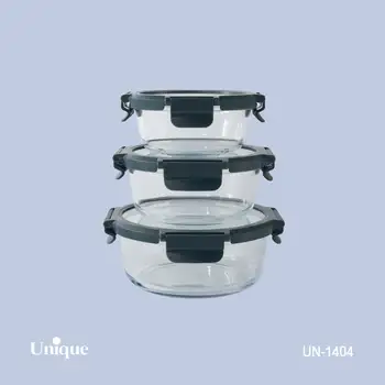 ظرف غذای 3 سایز گرد یونیک کد UN-1404 ( جنس بدنه بلور+درب پلاستیکی قفل دار )(خارجی)