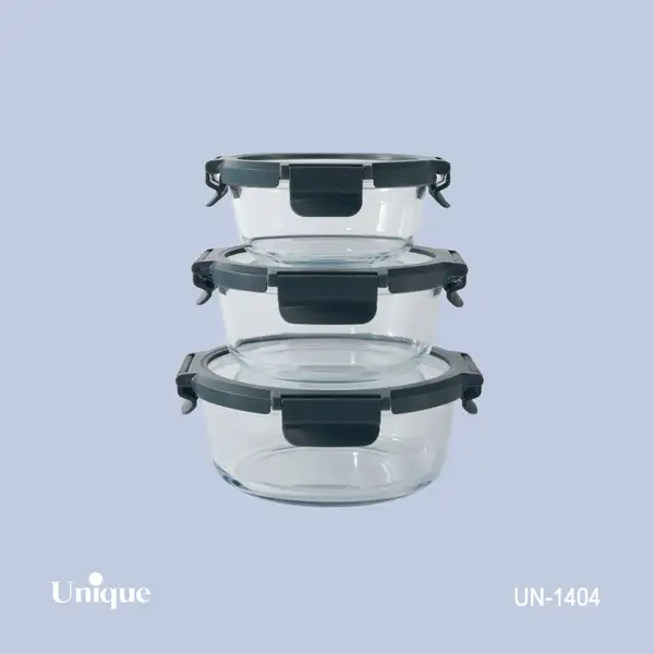 ظرف غذای 3 سایز گرد یونیک کد UN-1404 ( جنس بدنه بلور+درب پلاستیکی قفل دار )(خارجی)