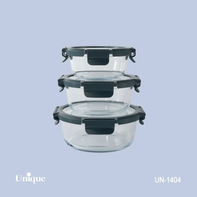 ظرف غذای 3 سایز گرد یونیک کد UN-1404 ( جنس بدنه بلور+درب پلاستیکی قفل دار )(خارجی) gallery0