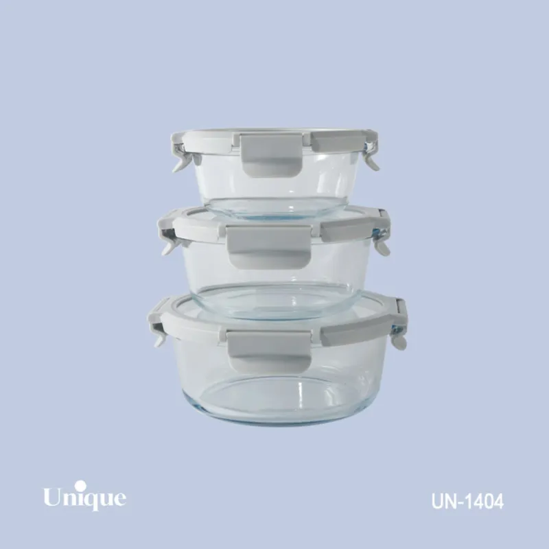 ظرف غذای 3 سایز گرد یونیک کد UN-1404 ( جنس بدنه بلور+درب پلاستیکی قفل دار )(خارجی) gallery1