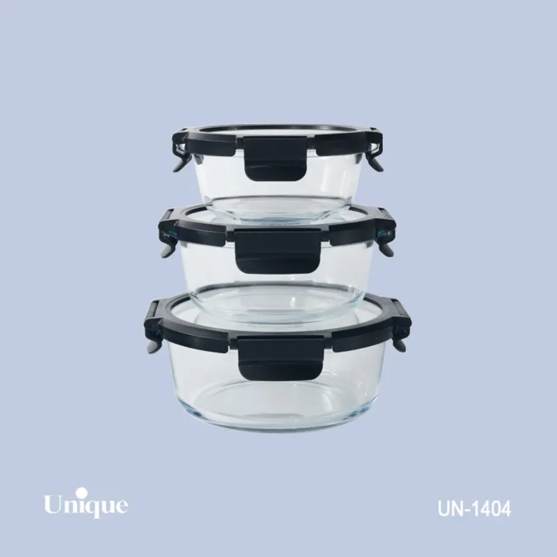 ظرف غذای 3 سایز گرد یونیک کد UN-1404 ( جنس بدنه بلور+درب پلاستیکی قفل دار )(خارجی) gallery2