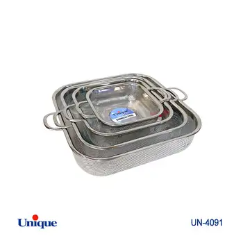 آبکش استیل مربعی 4 سایز یونیک کد UN-4091 (خارجی با کیفیت عالی) ( دارای پایه و دسته)