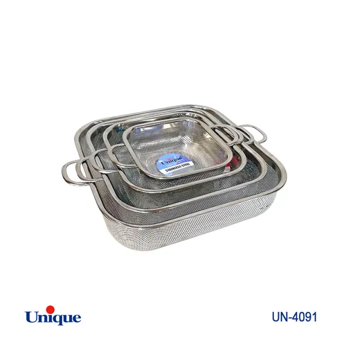 آبکش استیل مربعی 4 سایز یونیک کد UN-4091 (خارجی با کیفیت عالی) ( دارای پایه و دسته)