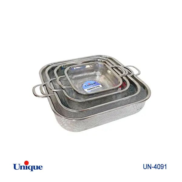 آبکش استیل مربعی 4 سایز یونیک کد UN-4091 (خارجی با کیفیت عالی) ( دارای پایه و دسته)